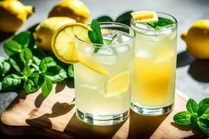 zwei Brille von Limonade mit Minze Blätter und Zitronen. KI-generiert foto