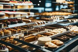 viele anders Typen von Kuchen sind auf Anzeige im ein Bäckerei. KI-generiert foto