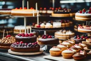 viele anders Typen von Kuchen sind auf Anzeige im ein Bäckerei. KI-generiert foto