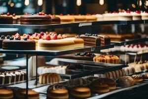 viele anders Typen von Kuchen sind auf Anzeige im ein Bäckerei. KI-generiert foto