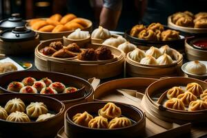 viele anders Typen von Knödel sind angezeigt im Körbe. KI-generiert foto