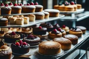 viele anders Typen von Kuchen sind auf Anzeige im ein Bäckerei. KI-generiert foto