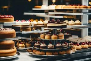 viele anders Typen von Kuchen sind auf Anzeige im ein Bäckerei. KI-generiert foto