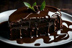 ein Stück von Schokolade Kuchen mit Schokolade Soße und Minze Blätter. KI-generiert foto