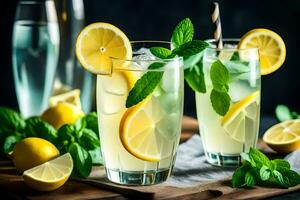 zwei Brille von Limonade mit Minze Blätter und Zitronen. KI-generiert foto