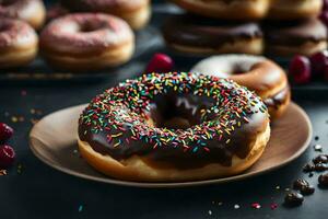 Donuts mit Schokolade Glasur und Sträusel auf ein Platte. KI-generiert foto