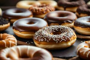 ein groß Gruppe von Donuts mit anders Beläge. KI-generiert foto