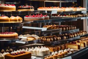 ein Anzeige von Kuchen und Gebäck im ein Bäckerei. KI-generiert foto