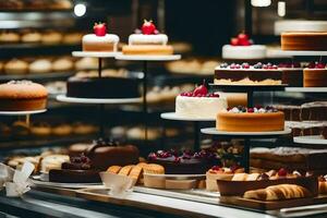 viele anders Typen von Kuchen sind auf Anzeige im ein Bäckerei. KI-generiert foto