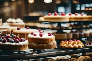 viele anders Typen von Kuchen sind auf Anzeige im ein Bäckerei. KI-generiert foto