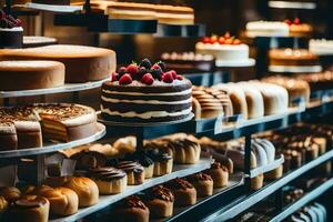 viele anders Typen von Kuchen sind auf Anzeige im ein Bäckerei. KI-generiert foto