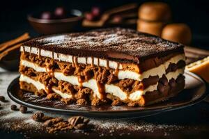 ein Scheibe von Schokolade Kuchen auf ein Platte. KI-generiert foto