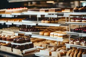 viele anders Typen von Gebäck sind auf Anzeige im ein Bäckerei. KI-generiert foto