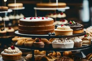 ein Kuchen ist auf Anzeige im ein Bäckerei. KI-generiert foto