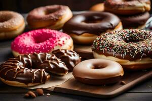 ein Vielfalt von Donuts auf ein hölzern Tisch. KI-generiert foto