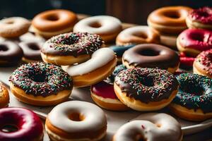 ein groß Nummer von Donuts auf ein Weiß Platte. KI-generiert foto