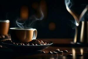 Kaffee Bohnen und Kaffee Tasse auf ein hölzern Tisch. KI-generiert foto