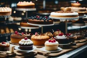 viele anders Typen von Kuchen sind auf Anzeige im ein Bäckerei. KI-generiert foto