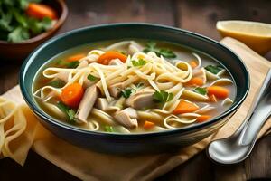 Hähnchen Nudel Suppe ist ein klassisch Komfort Lebensmittel. KI-generiert foto