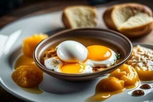 ein Ei und Brot auf ein Teller mit ein Schüssel von Soße. KI-generiert foto