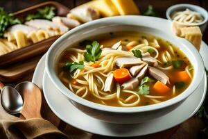 Hähnchen Nudel Suppe mit Nudeln und Gemüse. KI-generiert foto