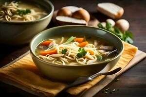 ein Schüssel von Suppe mit Nudeln und Gemüse. KI-generiert foto