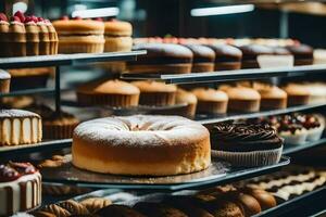 viele anders Typen von Kuchen sind auf Anzeige im ein Bäckerei. KI-generiert foto