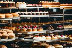 viele anders Typen von Kuchen sind auf Anzeige im ein Bäckerei. KI-generiert foto