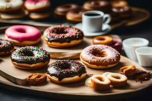 Donuts und Kaffee auf ein Tisch. KI-generiert foto