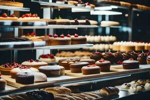 viele anders Typen von Kuchen sind auf Anzeige im ein Bäckerei. KI-generiert foto