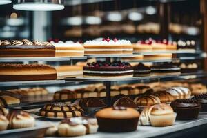 viele anders Typen von Kuchen sind auf Anzeige im ein Bäckerei. KI-generiert foto