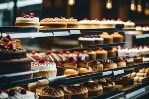 viele anders Typen von Kuchen sind auf Anzeige im ein Bäckerei. KI-generiert foto