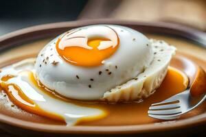 ein Ei auf ein Teller mit Karamell Soße. KI-generiert foto