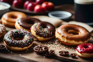 ein Tabelle mit ein Bündel von Donuts und ein Glas von Bier. KI-generiert foto