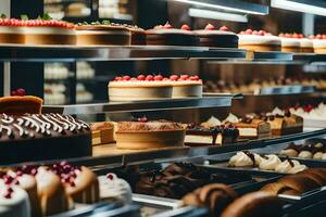 ein Bäckerei Anzeige mit viele anders Typen von Kuchen. KI-generiert foto