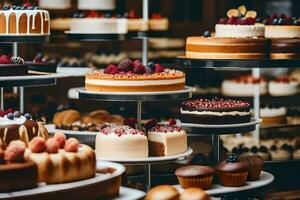 viele anders Typen von Kuchen sind auf Anzeige. KI-generiert foto