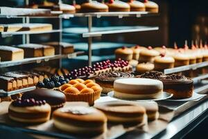 viele anders Typen von Kuchen sind auf Anzeige im ein Bäckerei. KI-generiert foto