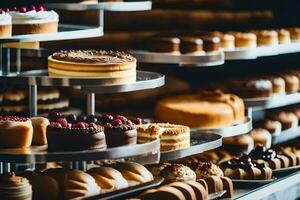 viele anders Typen von Kuchen sind auf Anzeige im ein Bäckerei. KI-generiert foto