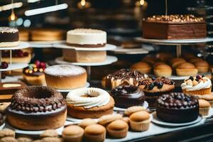 ein Anzeige von Kuchen und Gebäck im ein Bäckerei. KI-generiert foto