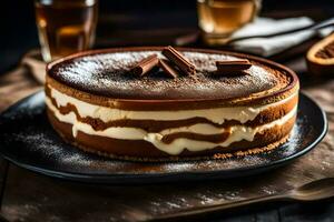 ein Kuchen mit Schokolade und Sahne auf ein schwarz Platte. KI-generiert foto