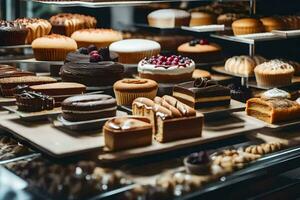 ein Anzeige von Kuchen und Gebäck im ein Bäckerei. KI-generiert foto