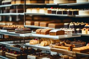 viele anders Typen von Kuchen sind auf Anzeige im ein Bäckerei. KI-generiert foto