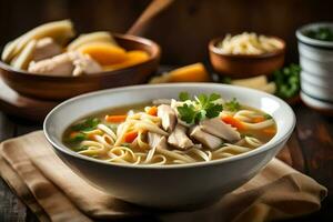 Hähnchen Nudel Suppe ist ein klassisch Komfort Lebensmittel. KI-generiert foto