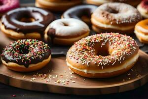 ein Vielfalt von Donuts auf ein hölzern Tablett. KI-generiert foto