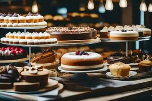 ein Vielfalt von Kuchen und Gebäck auf Anzeige im ein Bäckerei. KI-generiert foto