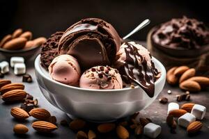 Schokolade Eis Sahne im ein Schüssel mit Mandeln und Marshmallows. KI-generiert foto
