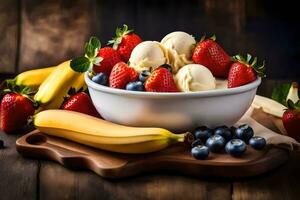 ein Schüssel von Eis Creme, Bananen, Blaubeeren und Erdbeeren. KI-generiert foto