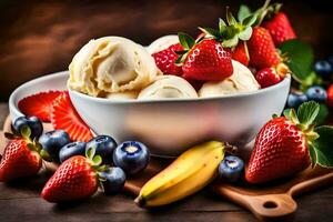 ein Schüssel von Eis Sahne mit Erdbeeren, Blaubeeren und Bananen. KI-generiert foto