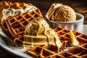 ein Waffel mit Eis Sahne und Sirup auf oben. KI-generiert foto