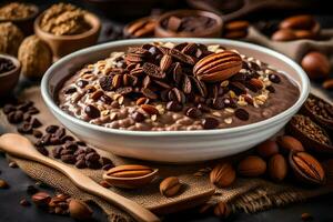 Schokolade Hafer im ein Schüssel mit Nüsse und Nüsse. KI-generiert foto